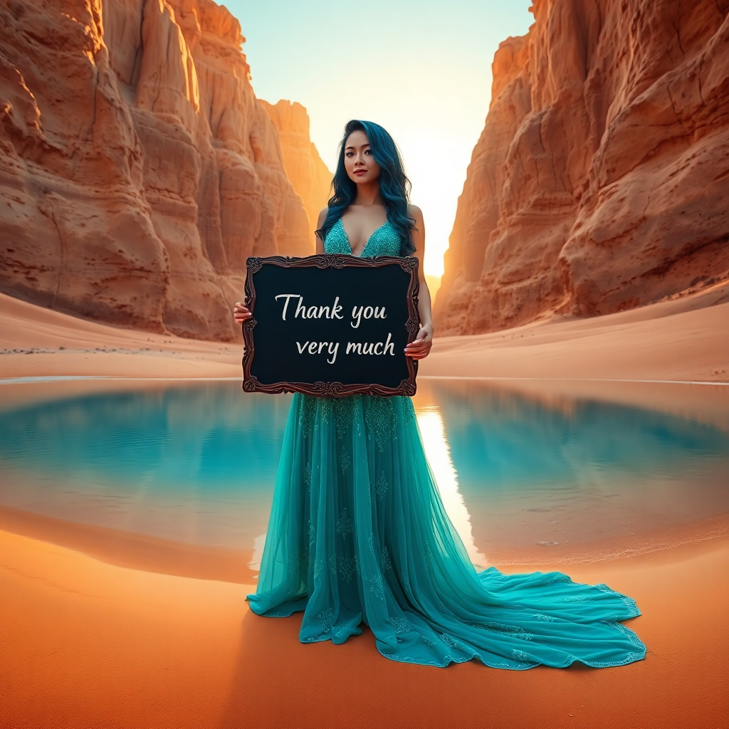 Image Prompt: Variation 1: Create an image of a woman centered in a mystical desert landscape. She stands in a sha
