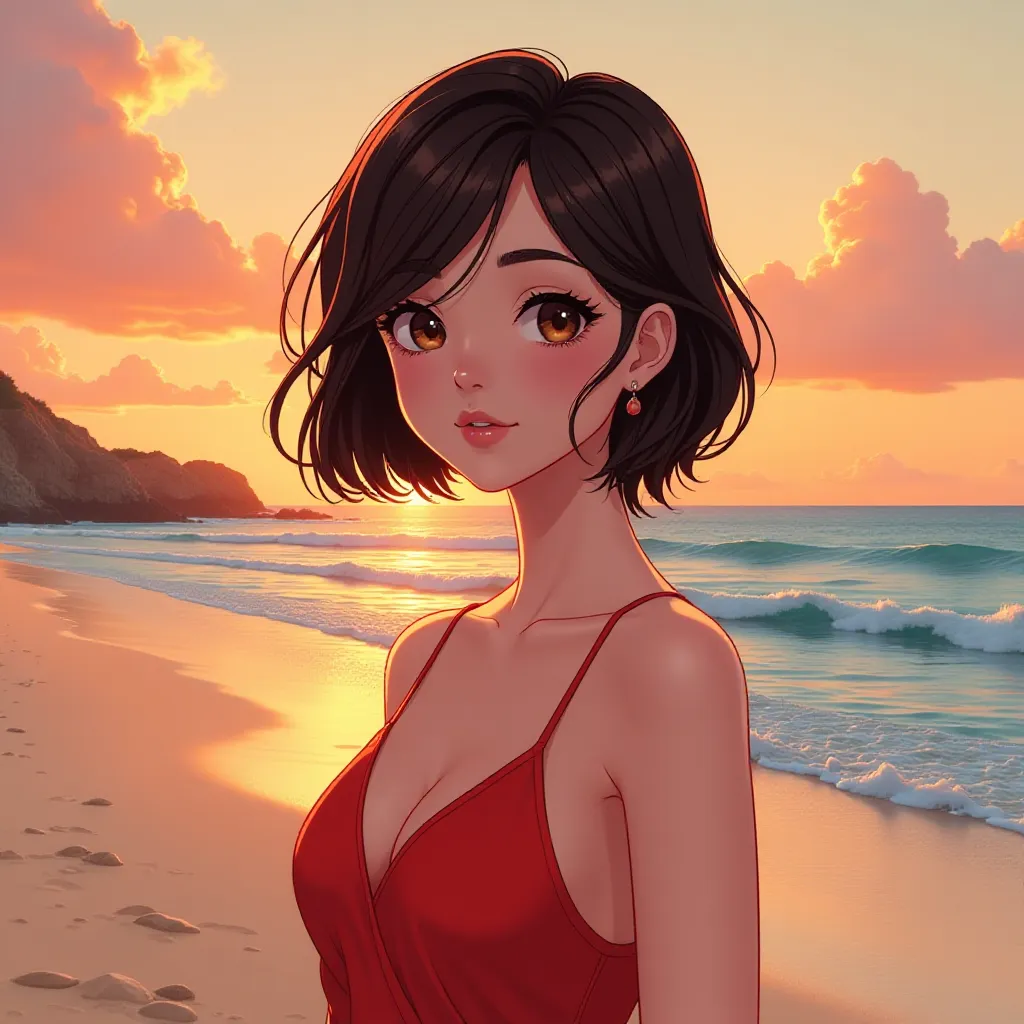 Image Prompt: a beautiful girl with short brunete hair, brown eyes, wearing a red dress, standing on a beach, suns