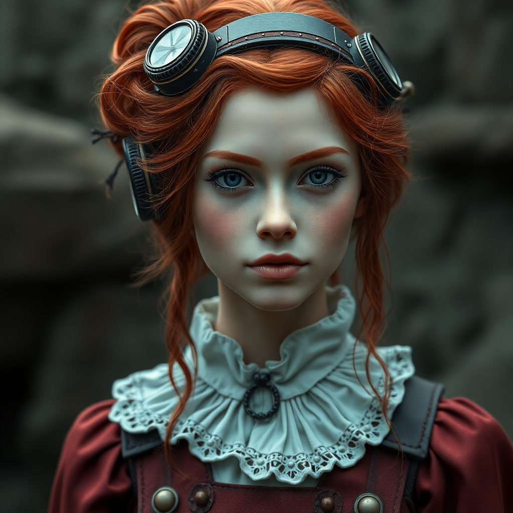 Image Prompt: a steampunk girld with a red hair, photorealistic, highly detailed, 8k uhd, professional photography