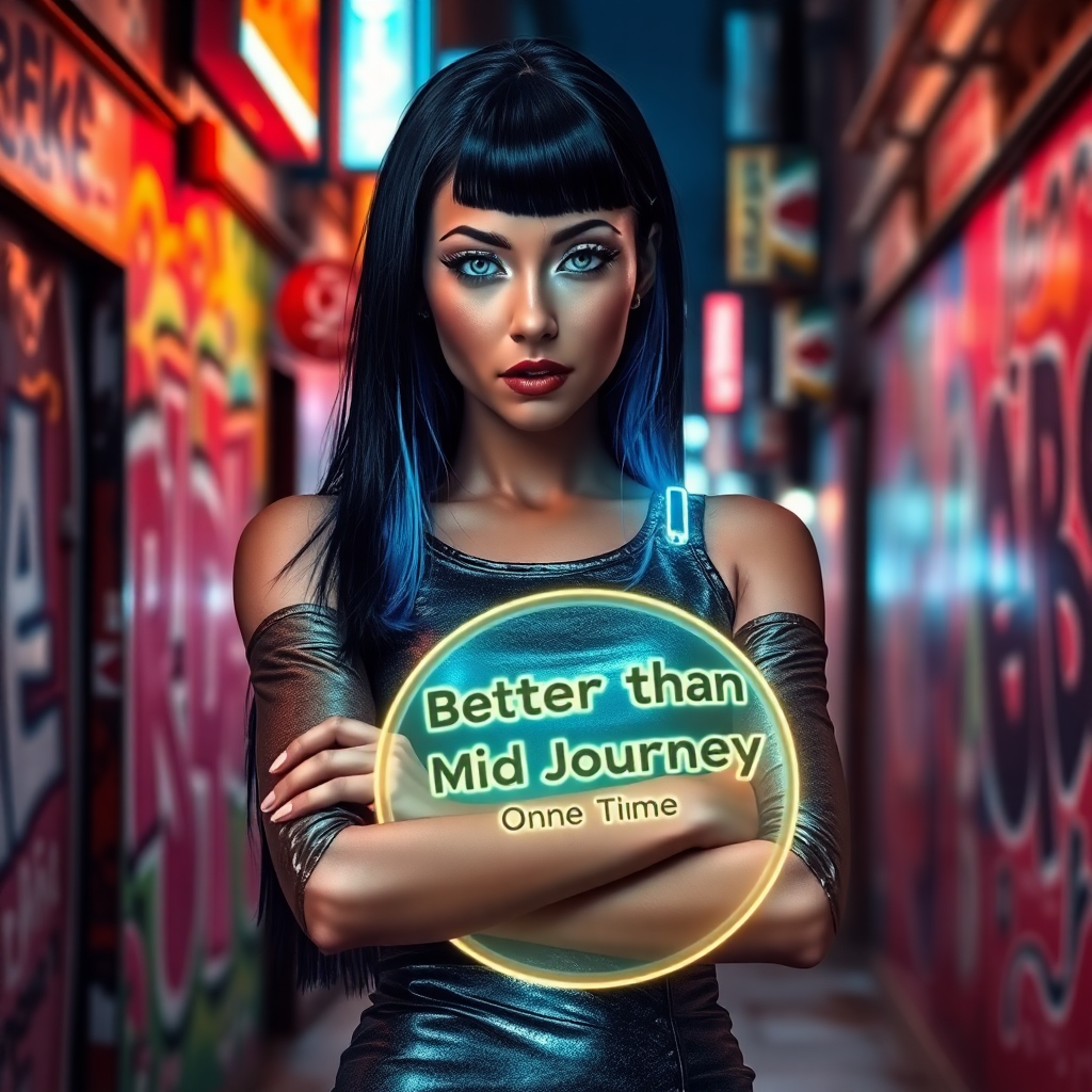 Image Prompt: Create an image of a woman standing in a bustling urban alley at night. She has sleek, straight blac
