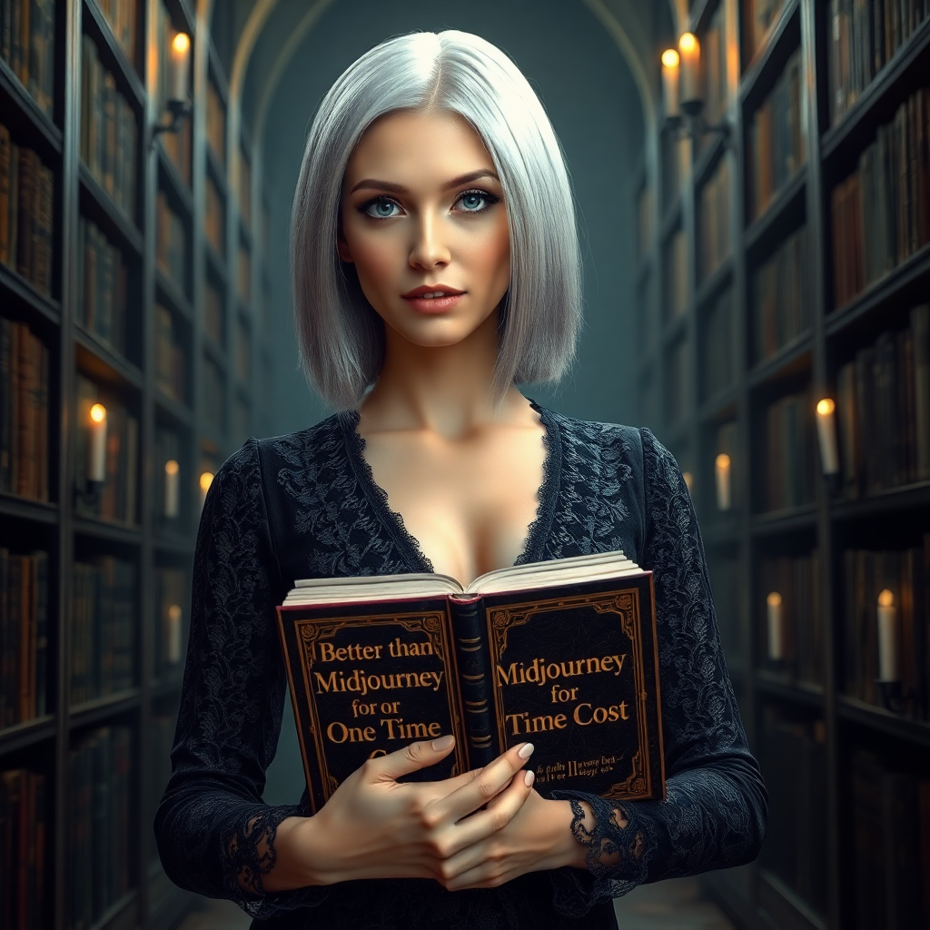 Image Prompt: Variation 3: Create an image of a woman standing in a dimly lit, ancient library. She has shoulder-l