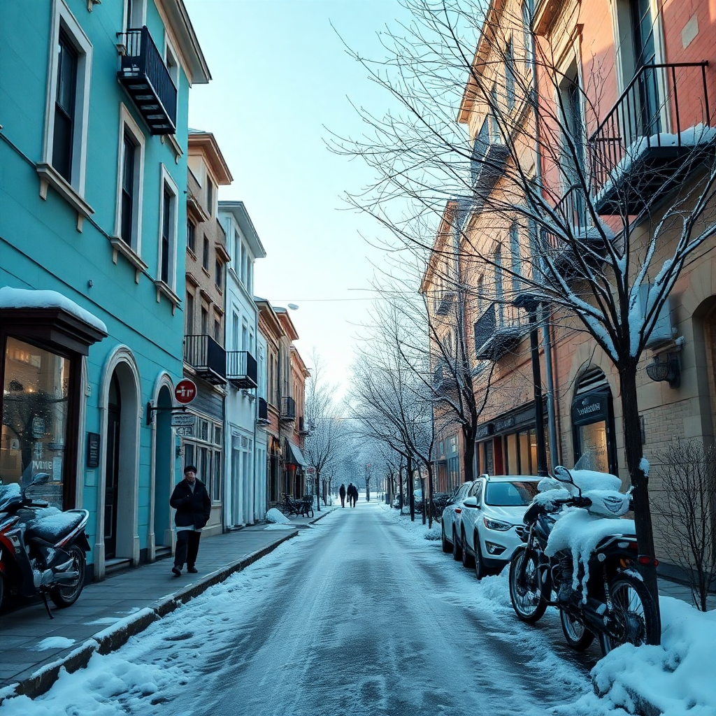 Image Prompt: Turquoise side street, photorealistic, highly detailed, 8k uhd, professional photography, winter sea