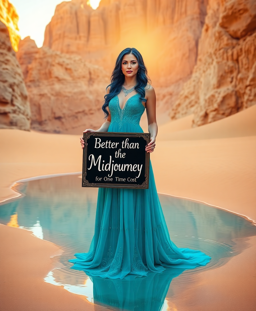 Image Prompt: Variation 1: Create an image of a woman centered in a mystical desert landscape. She stands in a sha