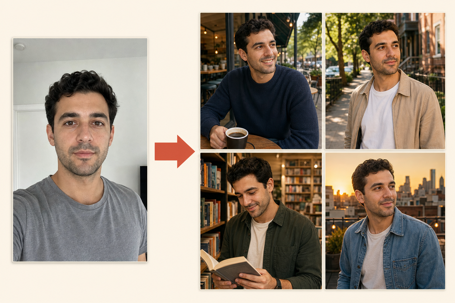 One source portrait shown transforming through an arrow into four coordinated AI-generated portraits