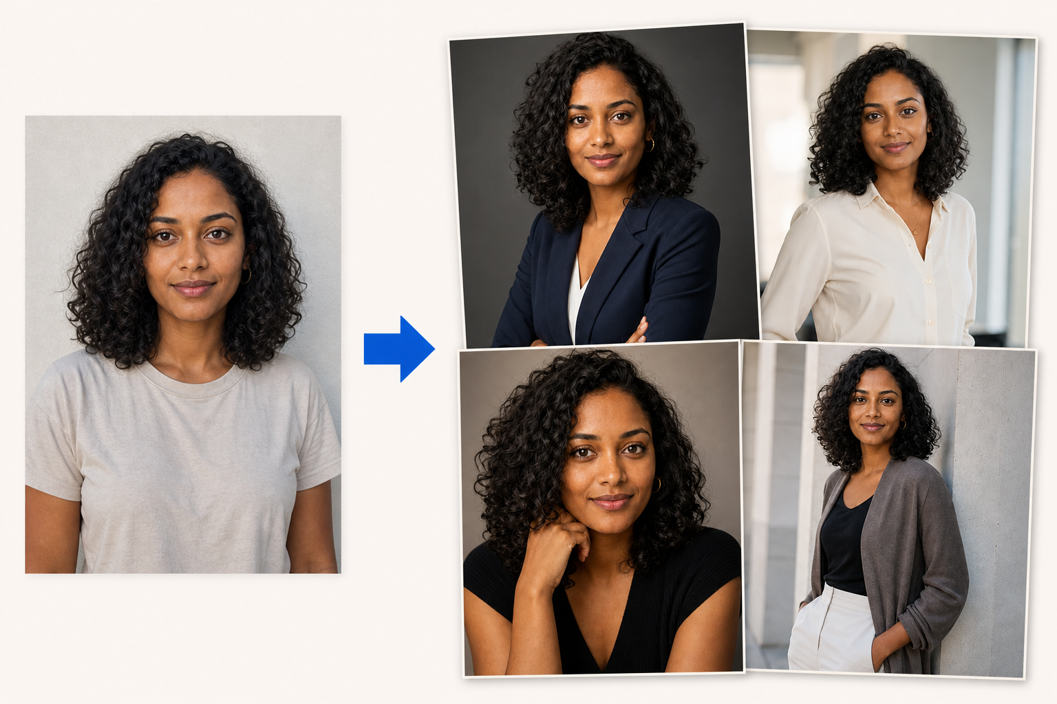 One source portrait shown transforming through an arrow into four coordinated AI-generated portraits