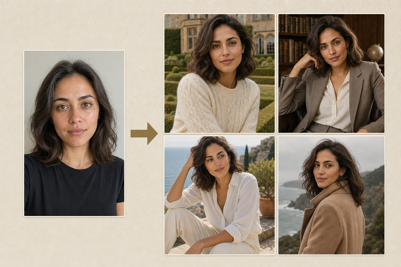 One source portrait shown transforming through an arrow into four coordinated AI-generated portraits